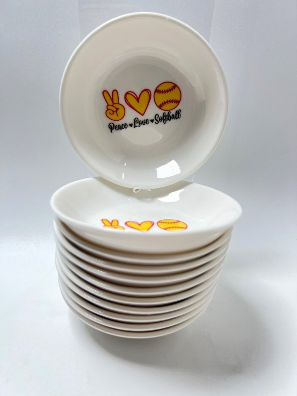 Softball Theme Peace Love Ceramic Tiny Plates Sauce Bowls Set 11